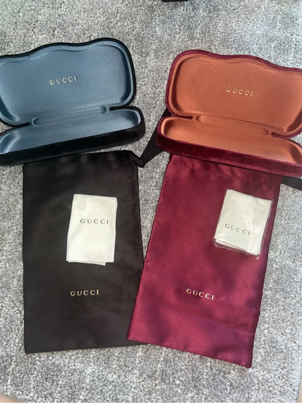 Gucci Velvet Eyewear Cases with Drawstring Pouches - Black & Burgundy